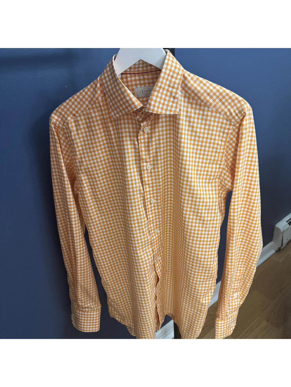 Eton Slim Fit Orange Gingham Check Dress Shirt 40 15.75 Cotton Made in Europe